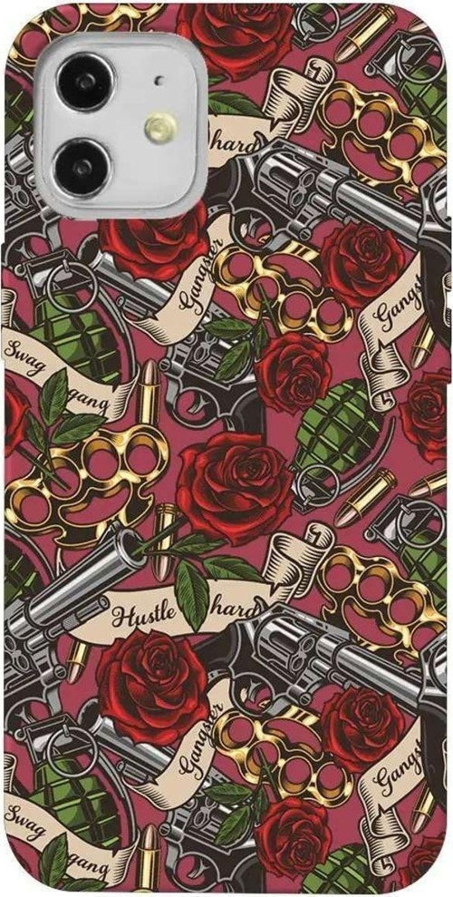 İphone 12 Mini Bordo Renkli Silikon Telefon Kılıfı - Rose And Gun