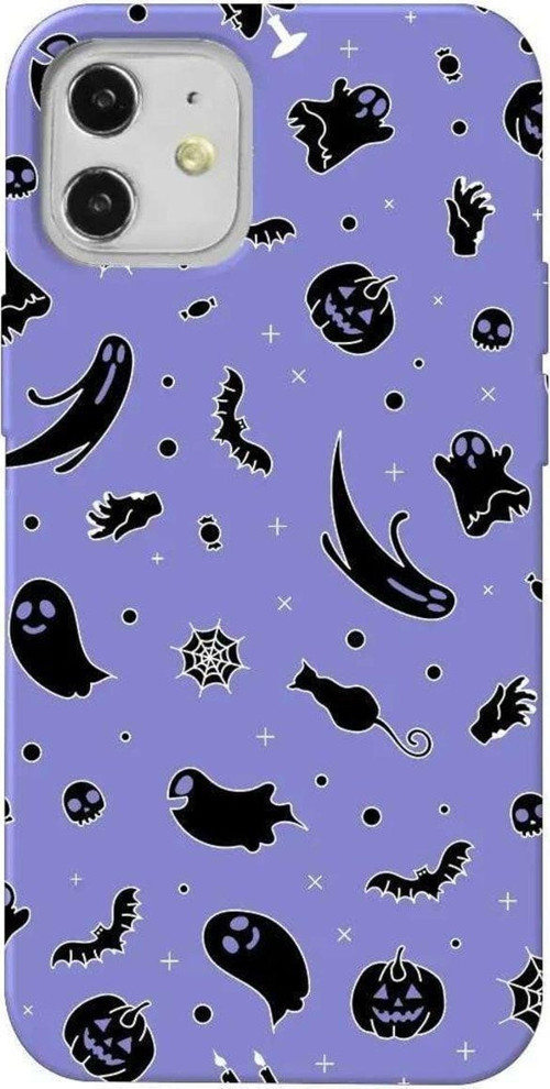 İphone 12 Mini Lila Renkli Silikon Telefon Kılıfı - Halloween Black