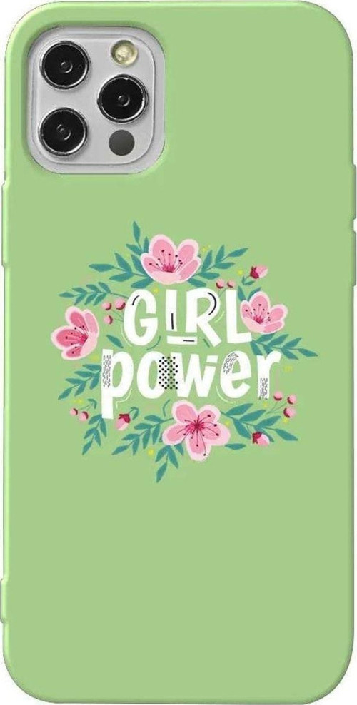 İphone 12 Pro Max Açık Yeşil Renkli Silikon Telefon Kılıfı - Çiçekli Girl Power