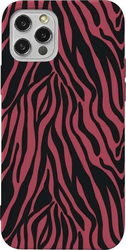 İphone 12 Pro Max Bordo Renkli Silikon Telefon Kılıfı - Siyah Zebra Desenleri