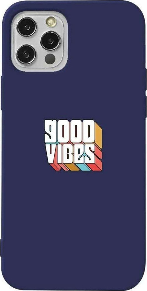 İphone 12 Pro Max Lacivert Renkli Silikon Telefon Kılıfı - Good Vibes