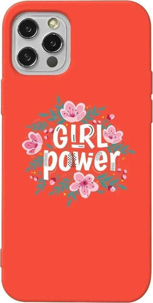 İphone 12 Pro Turuncu Renkli Silikon Telefon Kılıfı - Çiçekli Girl Power