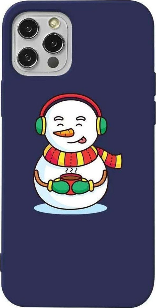 İphone 12 Pro Max Uyumlu Lacivert Renkli Silikon Telefon Kılıfı - Snowman With Coffee