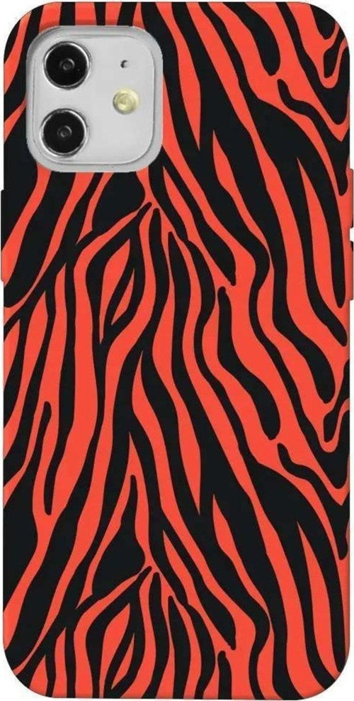 iPhone 12 Turuncu Renkli Silikon Telefon Kılıfı - Siyah Zebra Desenleri