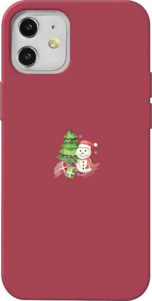 iPhone 12 Uyumlu Bordo Renkli Silikon Telefon Kılıfı - Cute Snowman