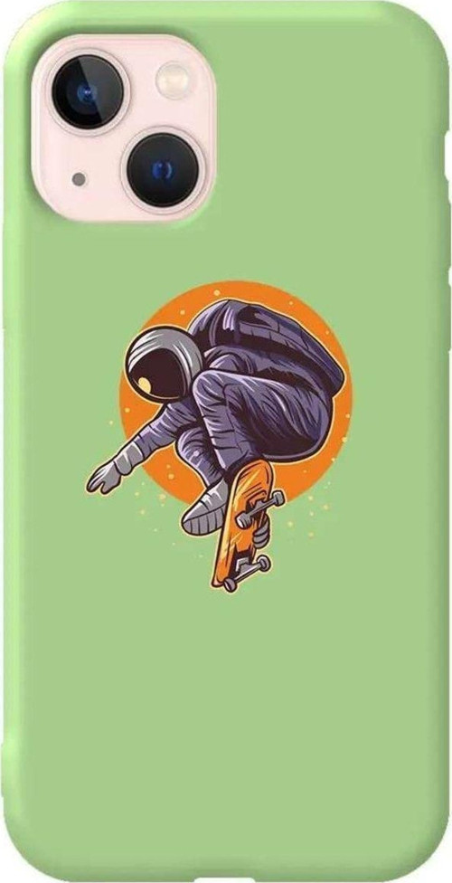 iPhone 13 Açık Yeşil Renkli Silikon Telefon Kılıfı - Astronot 2