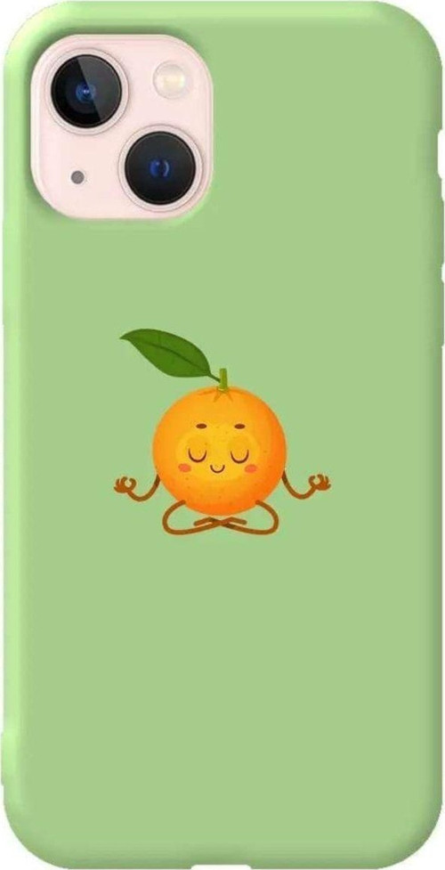iPhone 13 Açık Yeşil Renkli Silikon Telefon Kılıfı - Meditasyon Portakal