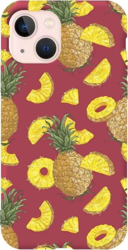 iPhone 13 Bordo Renkli Silikon Telefon Kılıfı - Ananas Dilimleri