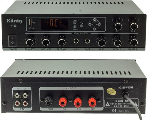 KÖNİG K-80 MİNİ-80W 100V/70V/4-16 OHM USB/SD/BLUETOOTH/2 BÖLGELİ 2 MİK.GİRİŞ TRAFOLU ANFİ (2818)