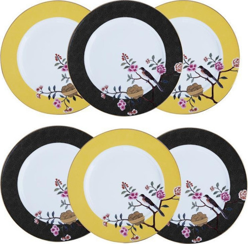Lucile Siyah Sarı Kuş Desenli 6'lı Porselen Servis Tabağı Seti 28 cm LYWY 008