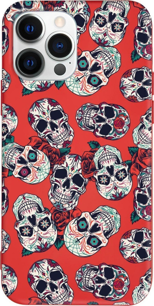 iPhone 13 Pro Kirmizi Renkli Silikon Telefon Kılıfı - Death And Roses