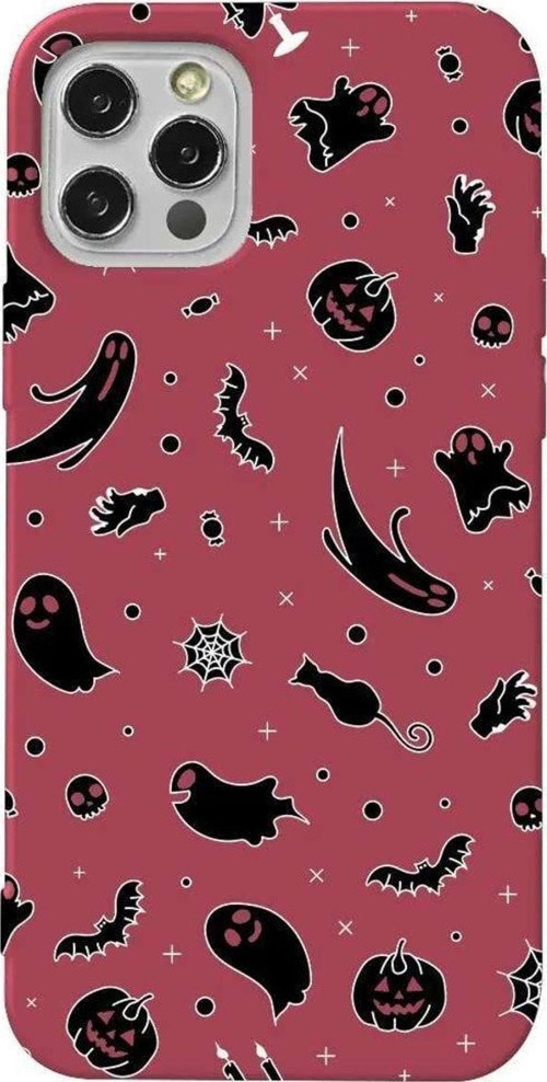 İphone 13 Pro Max Bordo Renkli Silikon Telefon Kılıfı - Halloween Black