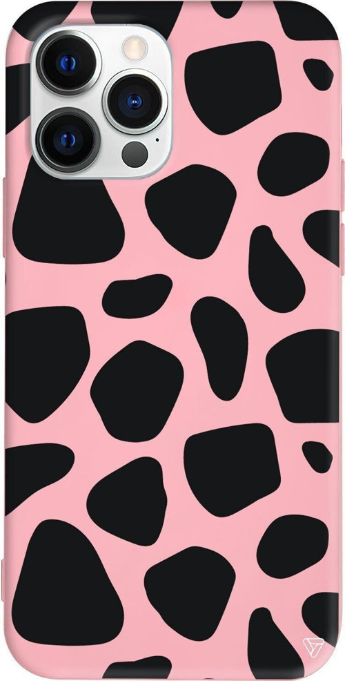 iPhone 13 Pro Pembe Renkli Silikon Telefon Kılıfı - Siyah Desenler