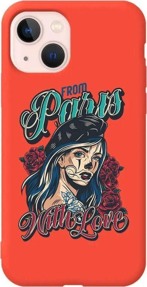 iPhone 13 Turuncu Renkli Silikon Telefon Kılıfı - Paris Girl