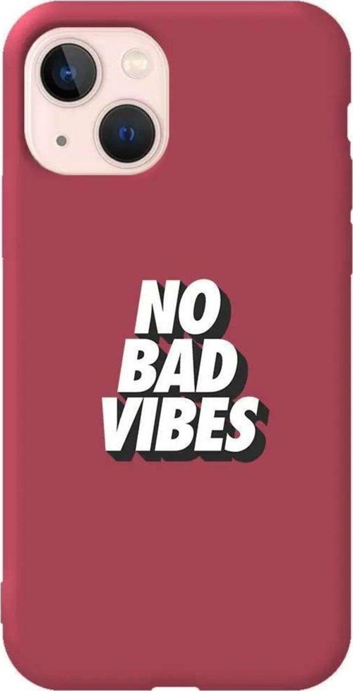 İphone 14 Bordo Renkli Silikon Telefon Kılıfı - No Bad Vibes