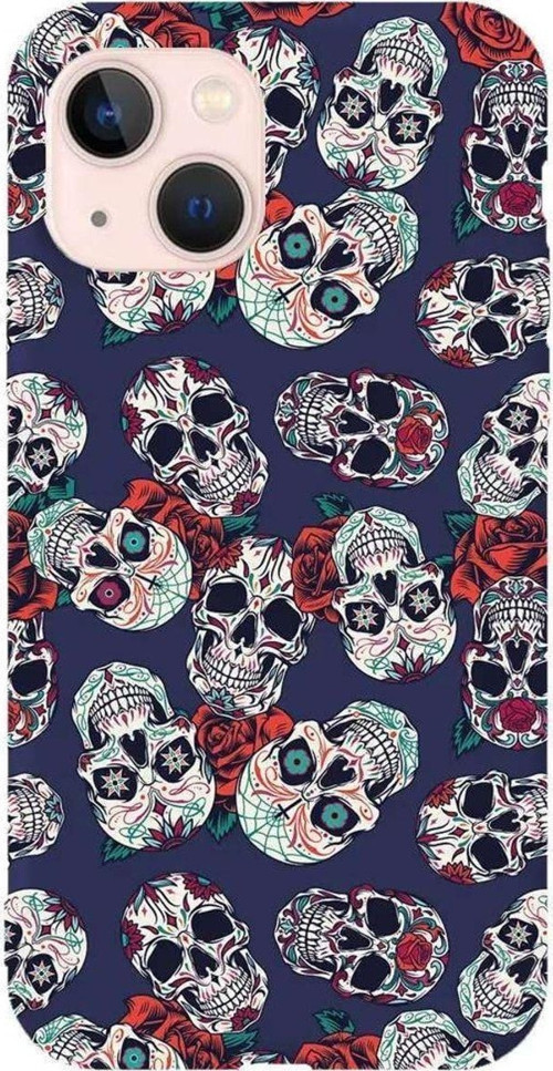 İphone 14 Lacivert Renkli Silikon Telefon Kılıfı - Death And Roses
