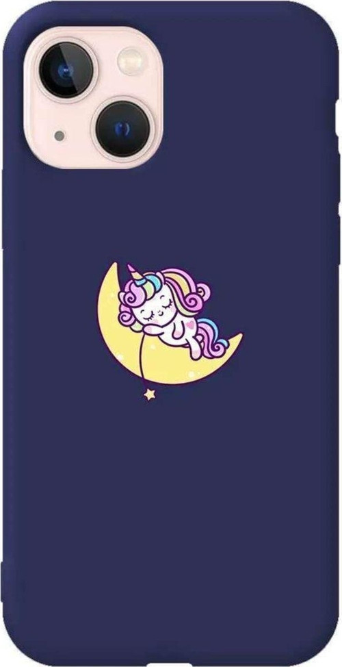 İphone 14 Lacivert Renkli Silikon Telefon Kılıfı - Sleepy Unicorn