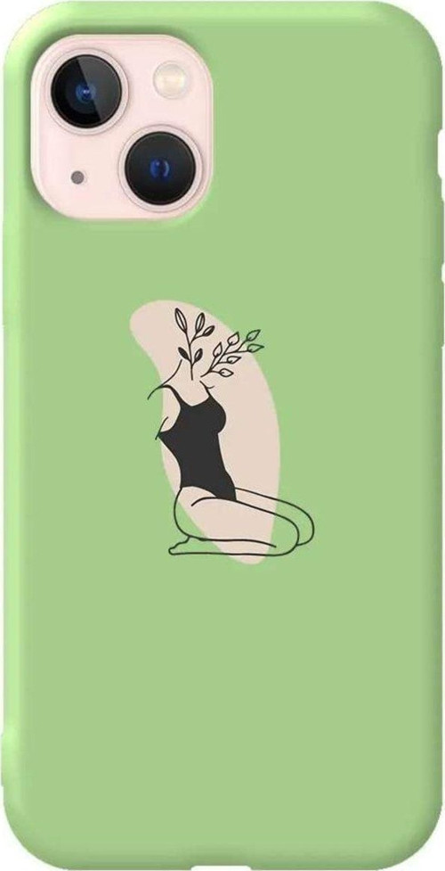 İphone 14 Plus Açik Yesil Renkli Silikon Telefon Kılıfı - Flower Girl Sitting