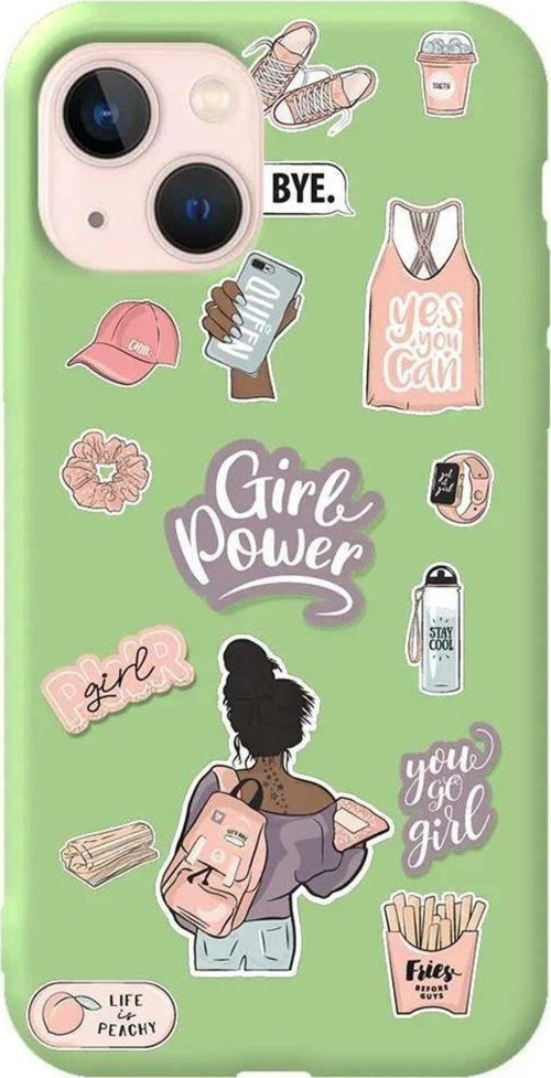İphone 14 Plus Açik Yesil Renkli Silikon Telefon Kılıfı - Girl Power