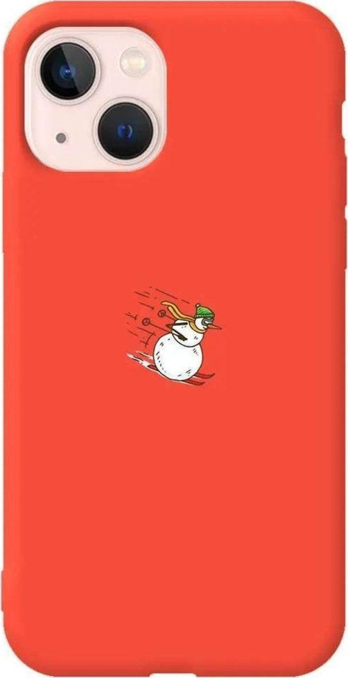İphone 14 Plus Uyumlu Turuncu Renkli Silikon Telefon Kılıfı - Snowman Skiing