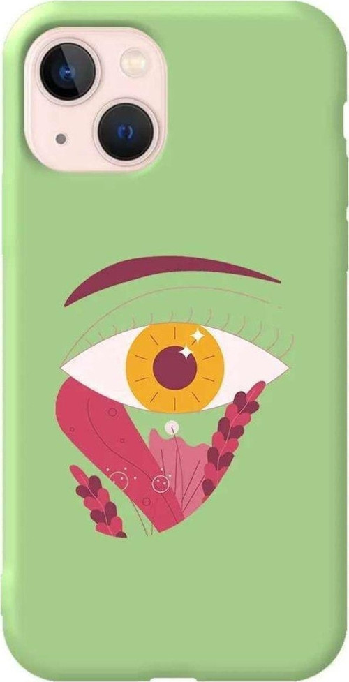 İphone 14 Plus Açik Yesil Renkli Silikon Telefon Kılıfı - Sari Göz