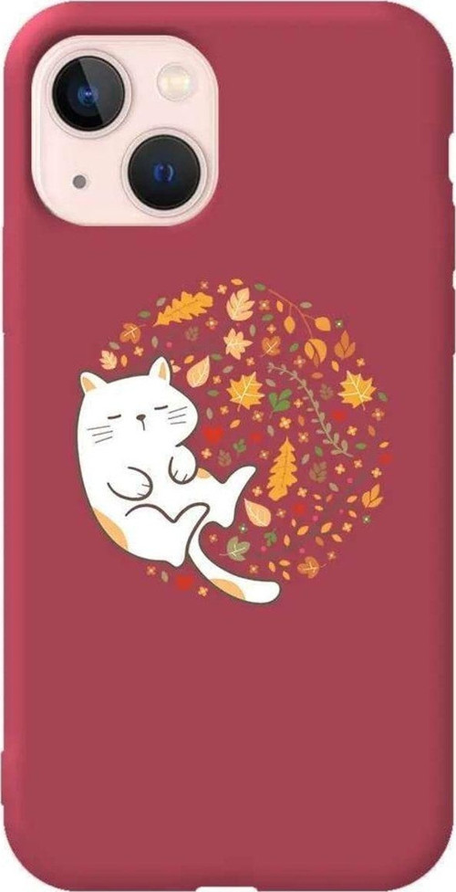İphone 14 Plus Bordo Renkli Silikon Telefon Kılıfı - Uyuyan Kedi
