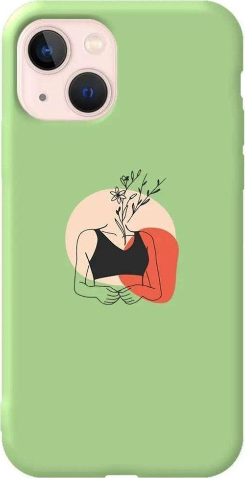 İphone 14 Açik Yesil Renkli Silikon Telefon Kılıfı - Flower Girl