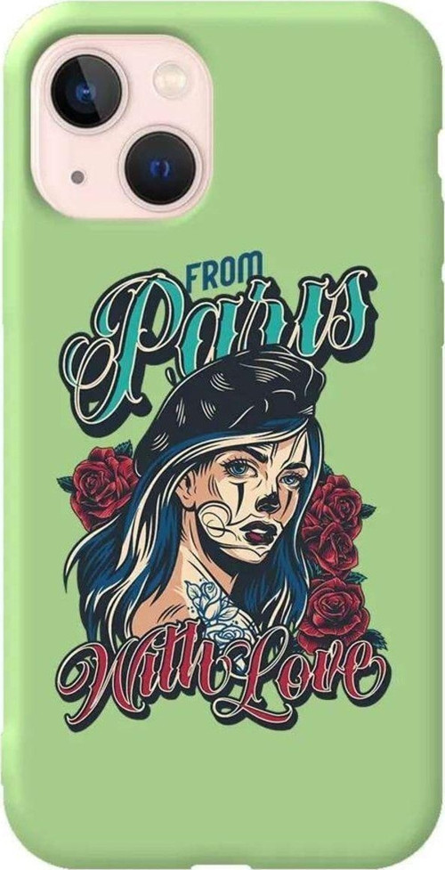 İphone 14 Açik Yesil Renkli Silikon Telefon Kılıfı - Paris Girl