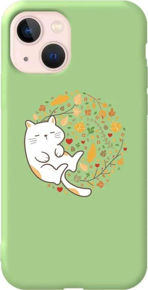 İphone 14 Açik Yesil Renkli Silikon Telefon Kılıfı - Uyuyan Kedi