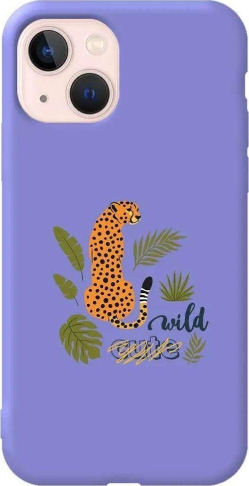 İphone 14 Plus Lila Renkli Silikon Telefon Kılıfı - Vahsi Leopar