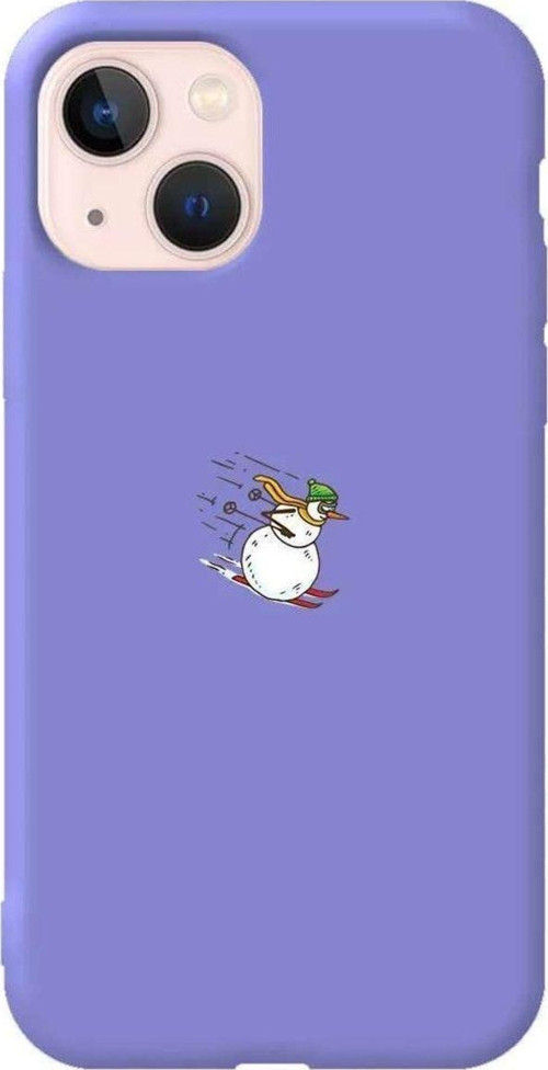 İphone 14 Plus Uyumlu Lila Renkli Silikon Telefon Kılıfı - Snowman Skiing