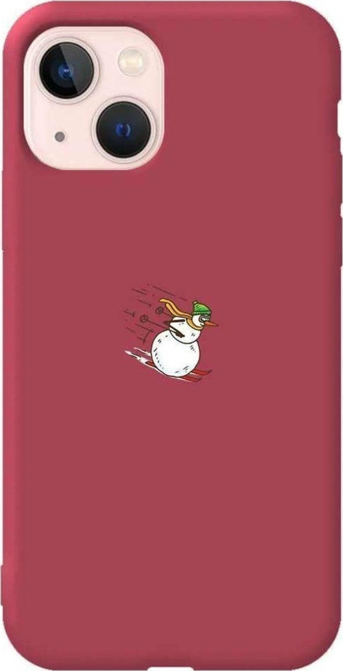 İphone 14 Plus Uyumlu Bordo Renkli Silikon Telefon Kılıfı - Snowman Skiing