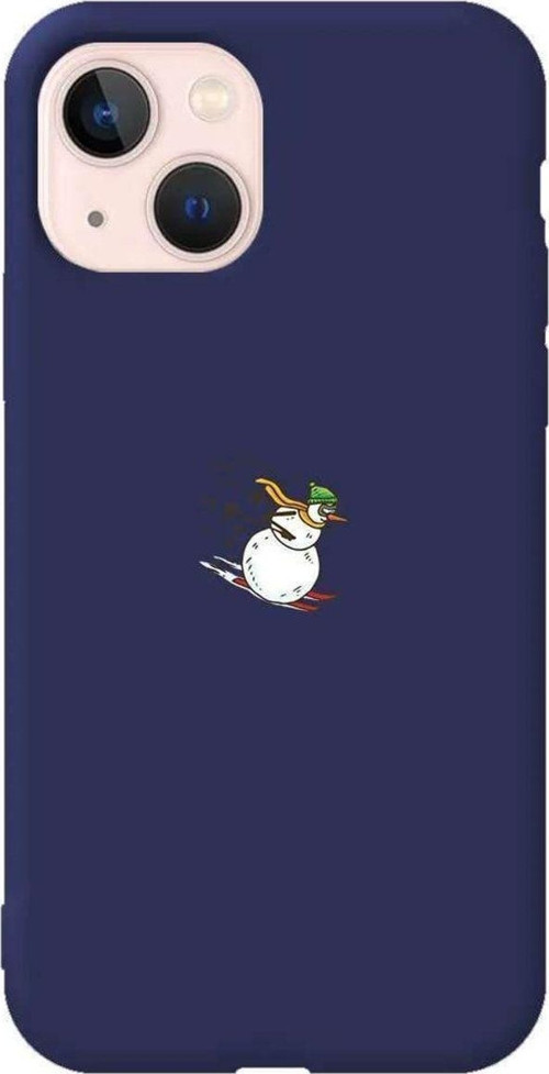 İphone 14 Plus Uyumlu Lacivert Renkli Silikon Telefon Kılıfı - Snowman Skiing