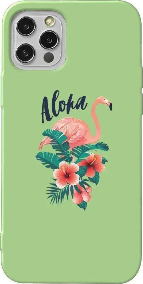 İphone 14 Pro Açık Yeşil Renkli Silikon Telefon Kılıfı - Aloha Flamingo