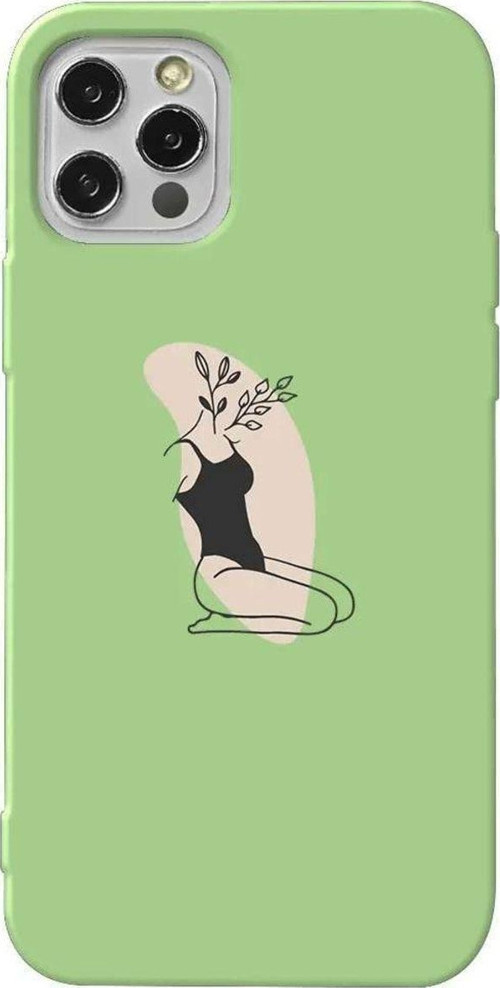 İphone 14 Pro Açık Yeşil Renkli Silikon Telefon Kılıfı - Flower Girl Sitting