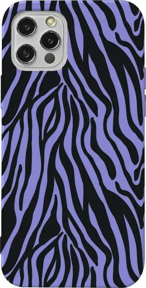 İphone 14 Pro Lila Renkli Silikon Telefon Kılıfı - Siyah Zebra Desenleri