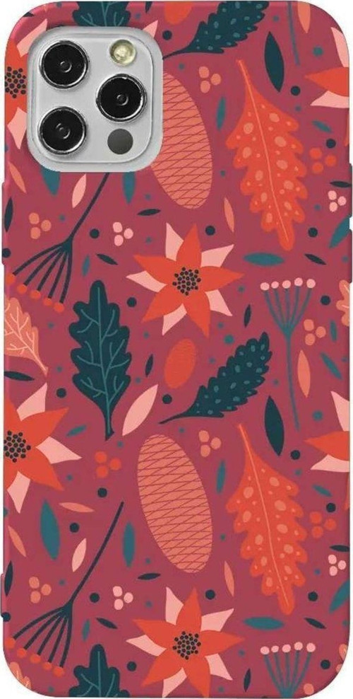 İphone 14 Pro Max Bordo Renkli Silikon Telefon Kılıfı - Autumn Floral