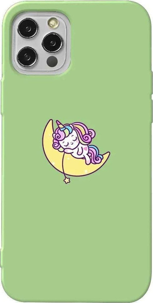 İphone 14 Pro Max Açik Yesil Renkli Silikon Telefon Kılıfı - Sleepy Unicorn