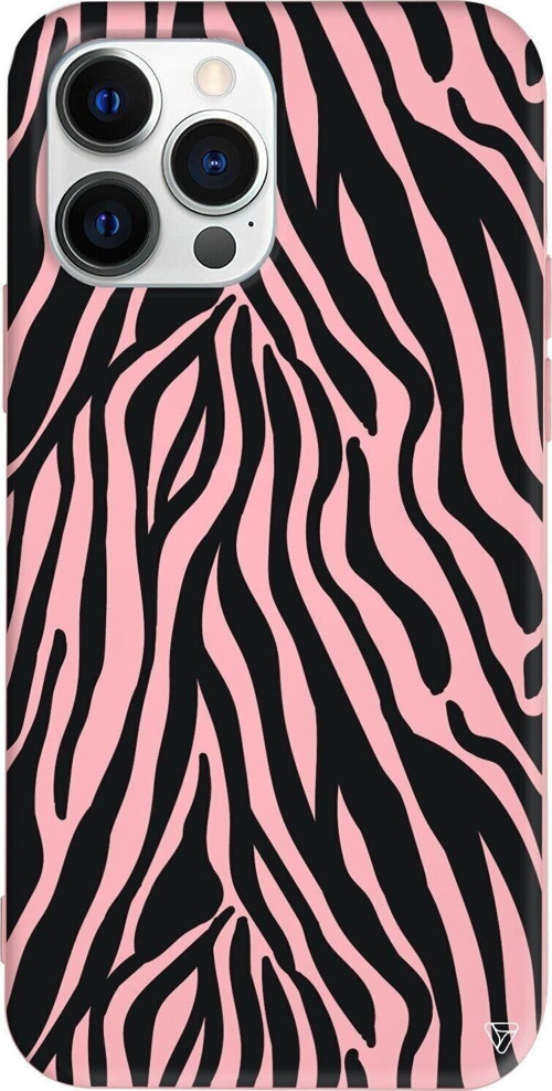 İphone 14 Pro Pembe Renkli Silikon Telefon Kılıfı - Siyah Zebra Desenleri