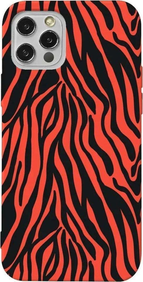 İphone 14 Pro Turuncu Renkli Silikon Telefon Kılıfı - Siyah Zebra Desenleri