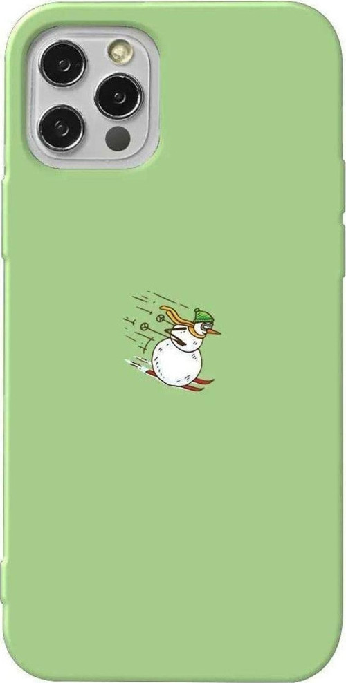 İphone 14 Pro Uyumlu Açık Yeşil Renkli Silikon Telefon Kılıfı - Snowman Skiing