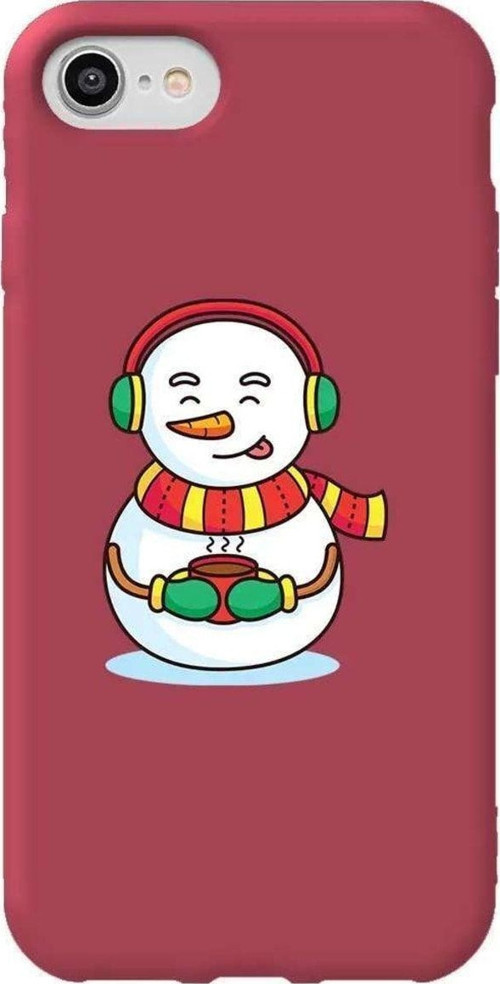 iphone Se 2020 Uyumlu Bordo Renkli Silikon Telefon Kılıfı - Snowman With Coffee