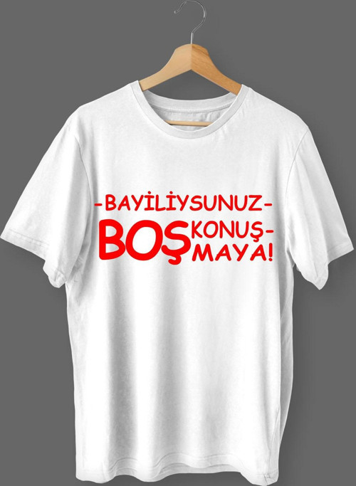 Bayiliysunuz Boş Konuşmaya Baskılı Pamuklu Likralı T-shirt (Kırmızı Yazılı Beyaz) L Beden