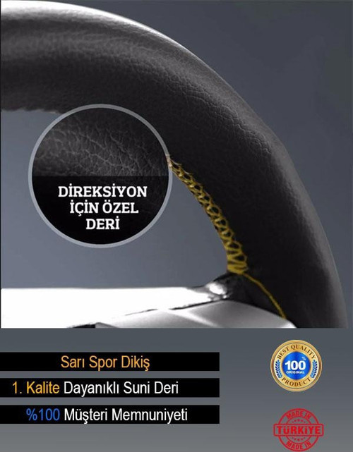 Citroen Oto Modellerine Uyumlu Deri Direksiyon Kılıfı Dikmeli Sarı Spor Dikiş