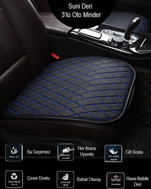 Chrysler Modellerine Uygun Takım Koltuk Minderi Kılıf Siyah Suni Deri Mavi Dikişli