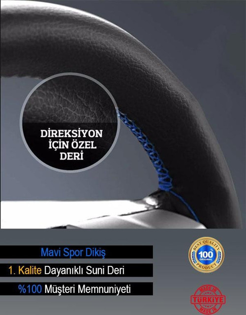 Dacia Oto Modellerine Uyumlu Deri Direksiyon Kılıfı, Dikmeli Mavi Spor Dikişli