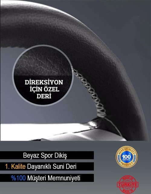 Fiat Oto Modellerine Uyumlu Deri Direksiyon Kılıfı, Dikmeli Beyaz Spor Dikiş