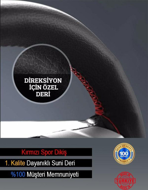 Ford Oto Modellerine Uyumlu Deri Direksiyon Kılıfı, Dikmeli Kırmızı Spor Dikişli