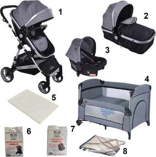Platin 8 in 1 Bebek Paketi ( Travel Sistem Bebek Arabası + Anne Yanı Beşik + Sünger Yatak )