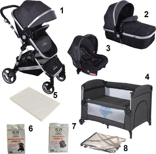 Platin 8 in 1 Bebek Paketi ( Travel Sistem Bebek Arabası + Anne Yanı Beşik + Sünger Yatak )